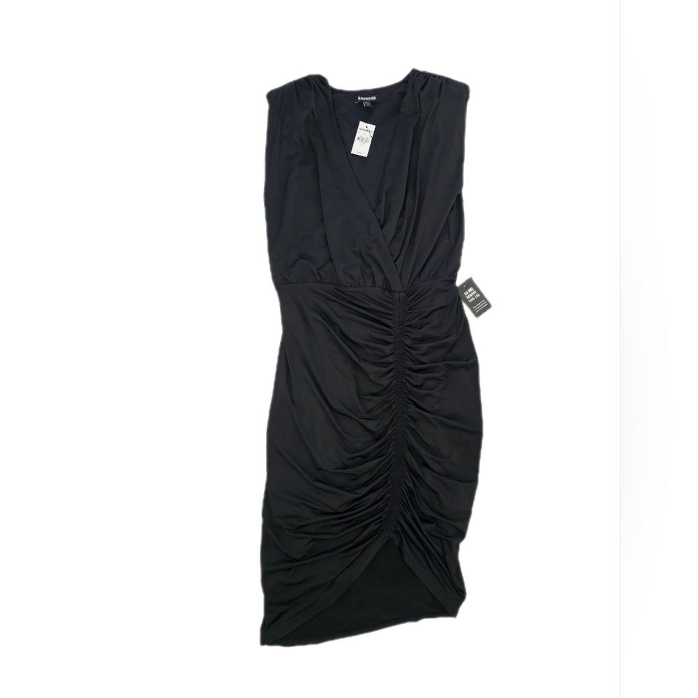 Express Black Ruched Dress, Size Small, Sleeveless, V Neck, New With Tags